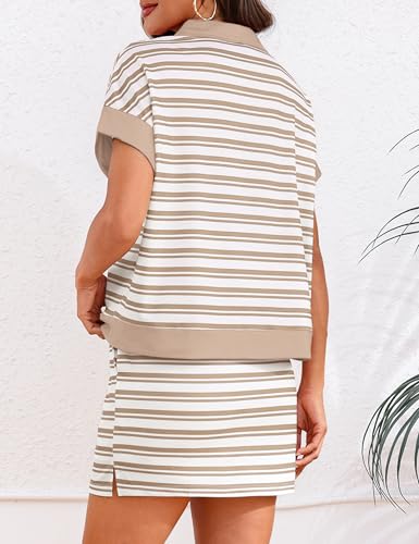 Totatuit Womens Striped 2 Piece Outfits Skirt Set Summer Casual Short Sleeve Polo Skort Workout Set Matching Lounge Sets