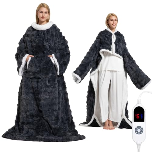 Wearable Heated Blanket, Luxury Faux Fur & Sherpa Electric Throw Blanket with Sleeves, Foot Pockets, Heated Robe for Women...
