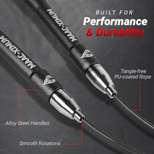 MAAC-XIMUM High Speed Rope - Professional Self-Locking & Adjustable, Adult Speed Jump Rope, 2 x PU coated Steel Ropes & Tr...