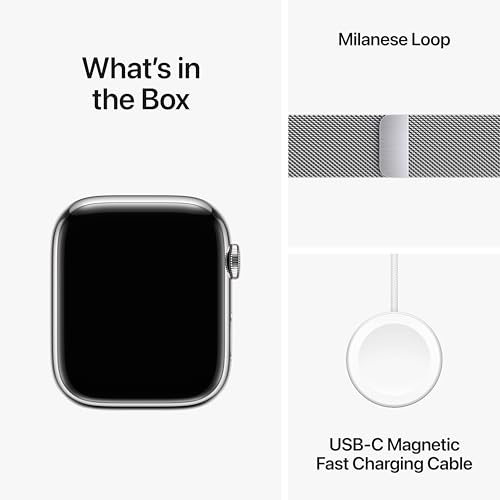 Apple Watch Series 9 [GPS + Cellular 45mm] Smartwatch with Silver Stainless Steel Case with Silver Milanese Loop. Fitness ...