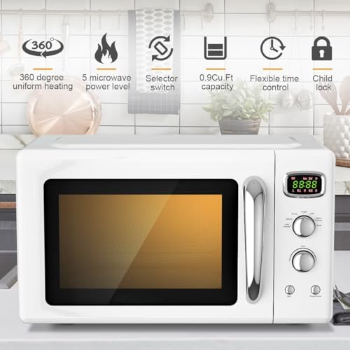 Retro Microwave Oven 0.9Cu.ft，900W Compact Countertop Microwave w/5 Micro Power & 8 Auto Cooking, Child Lock, Timer Setting & Glass Turntable, LED Display, Mint Green