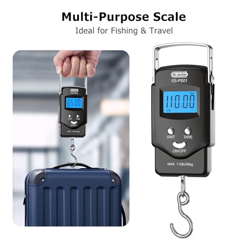 Dr.meter Fish Scale Luggage Scale Fishing Gear - 110lb Backlit LCD Display Digital Scale with Built-in Measuring Tape - Fi...