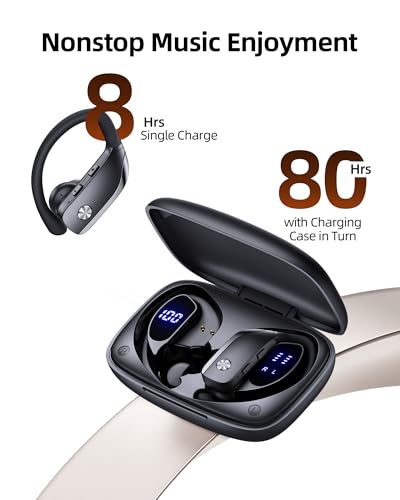 bmanl Wireless Earbuds Bluetooth Headphones Over Ear Hooks Ear Buds with 80H Playtime, LED Power Display, Dual Mic Clear C...