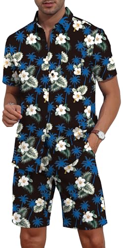 YTD Mens Flower Hawaiian 2 Piece Outfit Sets Short Sleeve Beach Casual Button Down Shirt and Shorts Suits
