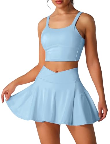 ABEHIK Two Piece Tennis Skirt Sets for Women High Waisted Pleated Skirt Tennis Dress Sports Bra Golf Athletic Workout Outfits