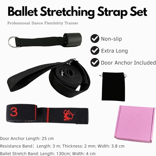 Danzcue Ballet Stretch Strap Set – Professional Dance Flexibility Trainer with Door Anchor, Extra Long Non-Slip Stretching...