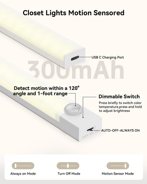 Rihvy Under Cabinet Lighting 12 Inches Rechargeable Motion Sensor Light Indoor  3 Color Dimmable Closet Light Battery Operated  Usb Stick On Led Magnetic Under Counter Lights For Kitchen Stair  3Packs