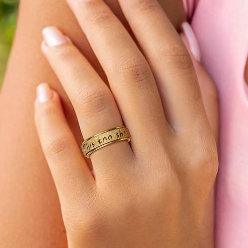 LuckyAmor Fidget Spinner Ring for Women - THIS TOO SHALL PASS Stainless Steel 18K Gold Plated Anxiety Rotating Inspiration...
