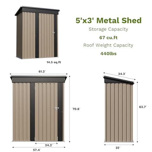 Patiowell 5x3 FT Outdoor Storage Shed, Tool Shed with Sloping Roof and Lockable Door, Metal Shed for Backyard Garden Patio...