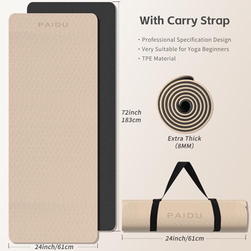 PAIDU Yoga Mat 8mm Super Thick TPE Fitness Mat | SGS Certified | Non-Slip, Odorless & Tear-Resistant | Unisex with Strap |...