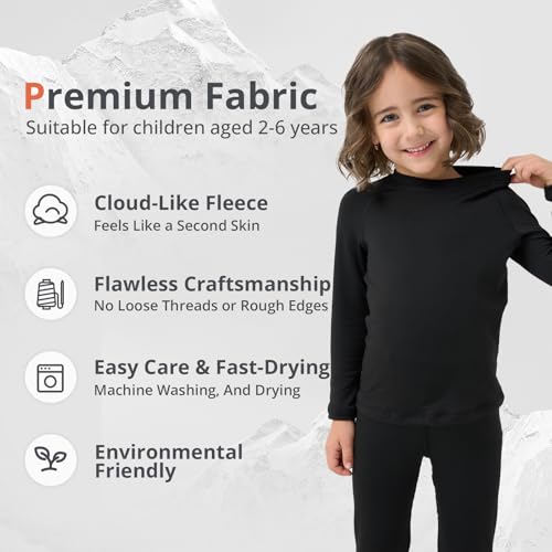 PUMYOON 2T-6Y Fleece Lined Toddler Thermal Set, Thermal Underwear for Kids, Black Base Layer Long Johns for Boys Girls