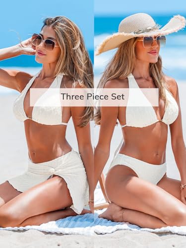 CUPSHE Women's Bikini Sets Three Piece Swimsuit V Neck Textured Halter Back Self Tie Twist Sarong Low Rise