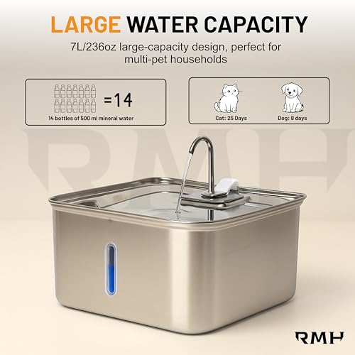 7L Stainless Steel Cat & Dog Water Fountain with 12×16 Waterproof Anti-Slip Mat, Automatic Pet Water Fountain with Quiet P...