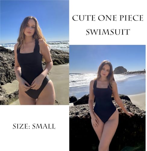 Ekouaer Women's One Piece Swimsuits Square Neck Tummy Control Bathing Suit with Adjustable Ruffled Straps Swimwear