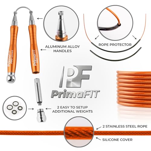 PrimaFIT Jump Rope Pro Speed Skipping Rope Adjustable Adult Jumping Rope Weighted Aluminium Handles for Double Dutch Boxin...