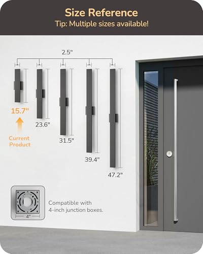 EDISHINE 2 Pack LED Outdoor Wall Lights Dimmable, 3000K 4000K 5000K, 15.7" Modern Black Outdoor Wall Sconce, IP65 Waterpro...