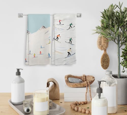 NOQL Winter Skiing Skier Kitchen Towels and Dishcloths Set of 2, Ski Skiing Gifts for Skiers, Ski Christmas Ornaments Deco...