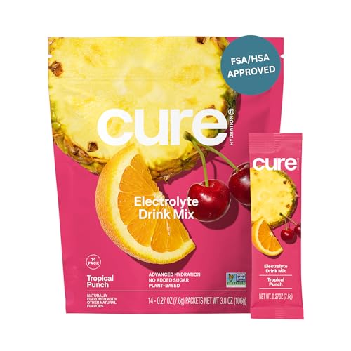 Cure Hydration | Plant-Based Electrolyte Drink Mix | No Added Sugar | FSA-HSA | Dehydration Relief Powder Made with Coconu...