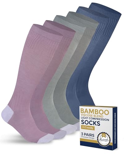 Pembrook Bamboo Viscose Light Compression Socks - 3 Pairs | 8-15 mmhg Compression Socks | Knee High Comfort Support Socks
