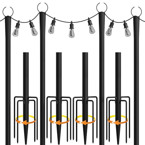 fuzzy-bird 4 Pack String Light Poles, 10Ft Light Poles for Outside, Metal Poles with Fork, Lighting Hanging Post Accessori...