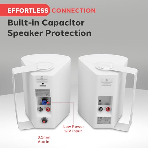 Pyle Wall Mount Bluetooth Home Speaker System - Active + Passive Pair, Wireless, Water-resistant, Stereo Sound, AUX IN (Wh...