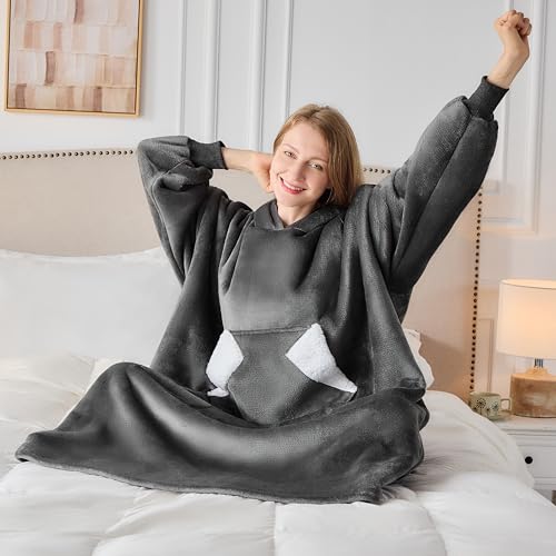 Wearable Blanket Hoodie, Sherpa Fleece Hooded Blanket, Oversized Hoodie for Adults Women Men, Cozy Blanket Sweatshirt with...