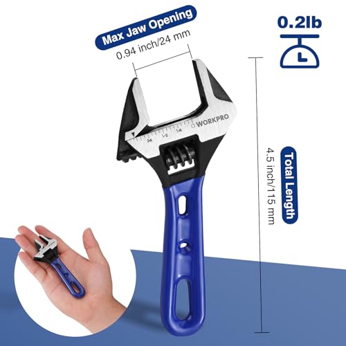 WORKPRO 4-Inch Stubby Adjustable Wrench, 0.94-Inch Extra Wide Jaw Opening Wrench, Metric/SAE Scales, Cr-V Steel, Ideal for...