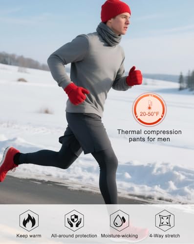 Roxdme Men Thermal Compression Pants Fleece Lined Tights Athletic Heated Leggings Cold Weather Baselayer Winter Gear Pockets