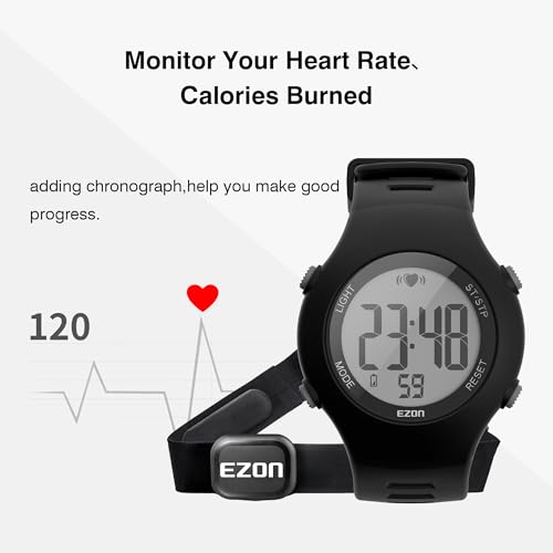 EZON Heart Rate Monitor Chest Strap and Digital Watch,5ATM Waterproof Fitness Tracker with HRM,Calories Burned,Stopwatch a...