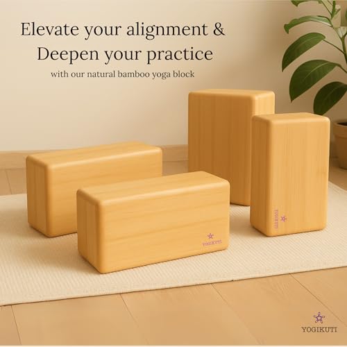 Yogikuti Bamboo Yoga Block Set of 4 – Premium Wooden Support Block for Iyengar Yoga, Pilates and Fitness – Lightweight, St...