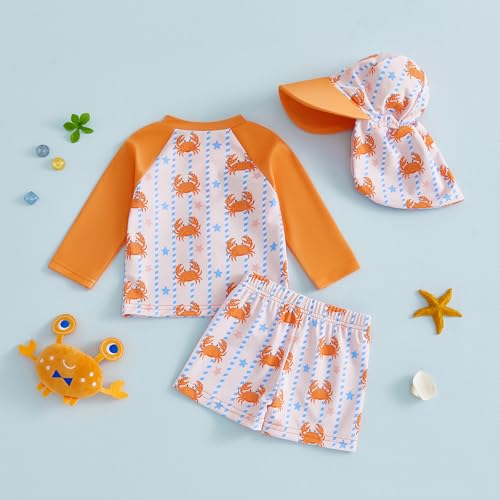 Toddler Boy Swimsuit Crab Print Long Sleeve Rash Guard Shirt Swim Trunks Sun Cap 3 Piece Baby Bathing Suit
