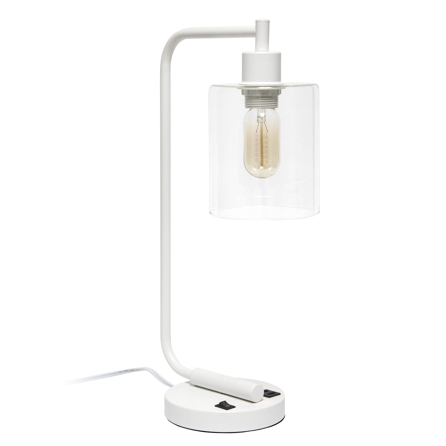 Simple Designs Bronson Industrial Iron Lantern Desk Lamp with Dual USB Ports, Glass Shade, White, Model LD1066-WHT