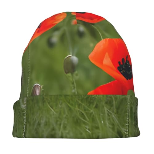 sackhg Poppy Flowers Petals Print Winter Beanie Hat Men Women Soft Lightweight Thermal Cap for Outdoor Skiing Wear Black