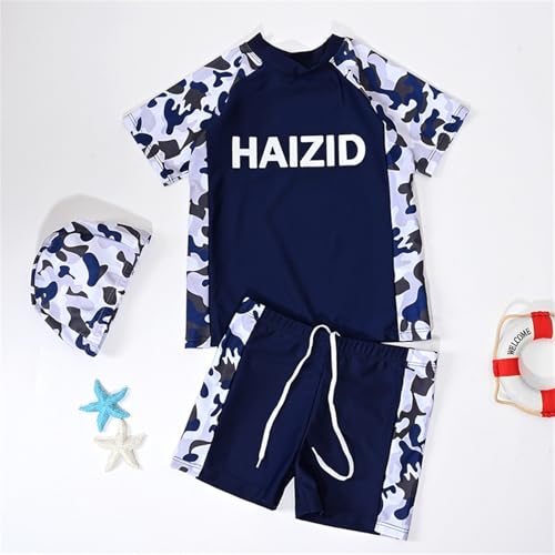 Boys Swimsuit 3 Piece Rash Guard Swim Shirt and Swimming Trunks with Cap Summer Lightweight Trendy Bathing Suits