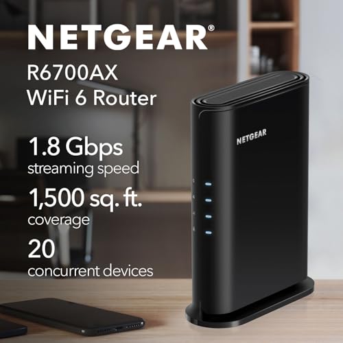 NETGEAR 4-Stream WiFi 6 Router (R6700AX) – Router Only, AX1800 Wireless Speed (Up to 1.8 Gbps), Covers up to 1,500 sq. f...