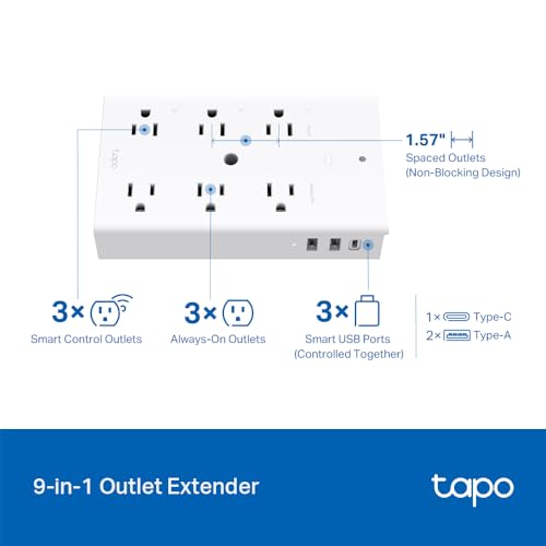 TP-Link Tapo Smart Plug Outlet Extender, Surge Protector, 18W Fast Charging, 3 Individual Smart Outlets, 1x USB-C & 2X US...
