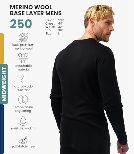 Merino.tech Merino Wool Base Layer - Mens 100% Merino Wool Long Sleeve Thermal Shirts Heavyweight, Midweight, Lite with Socks