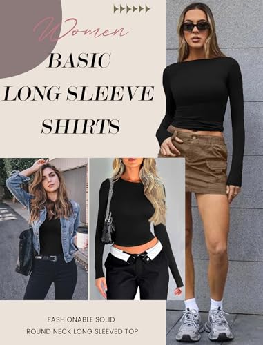 Ekouaer Women Long Sleeve Shirts Thermal Underwear Tops Round Neck Undershirts Slim Fit Basic Tees Soft Lightweight Tshirts