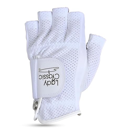 Lady Classic Mesh Half Golf Glove for Women – Premium Cabretta Leather Palm, Breathable Mesh Back, Half-Finger Design Ladi...