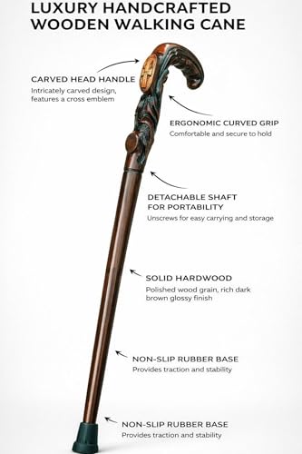 Wooden Christian Cross Engraved Hand Carved Cane - Premium Wood Carved Walking Stick Cane with Ergonomic Palm Grip Handle...