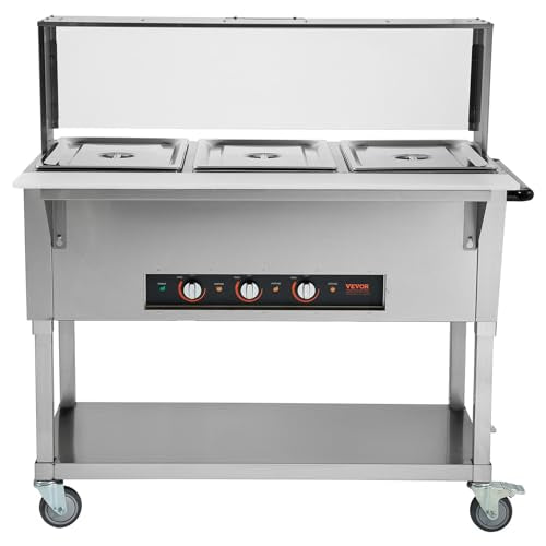 VEVOR 3-Pan Commercial Food Warmer, 3 x 20.6QT Electric Steam Table, 1500W Professional Buffet Catering Food Warmer with Acrylic Sneeze Guard, Food Grade Stainless Steel Server for Party Restaurant