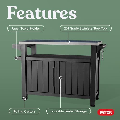 Keter Unity XL Portable Outdoor Table with Stainless Steel Top for Kitchen Prep and Outdoor Storage Cabinet for Grilling A...