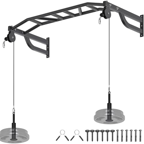SELEWARE 48'' Heavy Duty Pull Up Bar Wall Mount Multi-function Chin up Bar with Home Gym Cable Pulley System LAT Pulldown ...