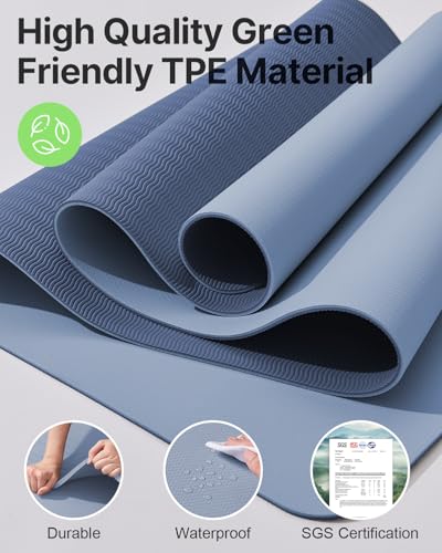 Yoga Mat,Non-Slip TPE Exercise Mat(1/4 Inch) for Pilates, Fitness & Barefoot Workouts, Home Gym Studio with Strap & Bag