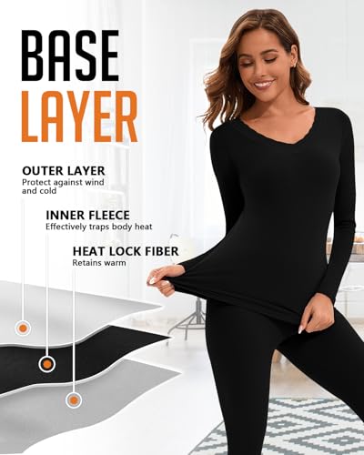 WOWENY Long Johns Thermal Underwear for Women Fleece Lined Base Layer 2 Pieces Pajama Set Cold Weather Lace V Neck Top Bottom
