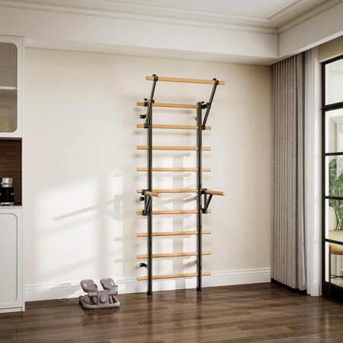 DHT Wood Stall Bar, Swedish Ladder Suspension Trainer with 9 Strategic Rods, for Home, Gym, School and Clinics, Black