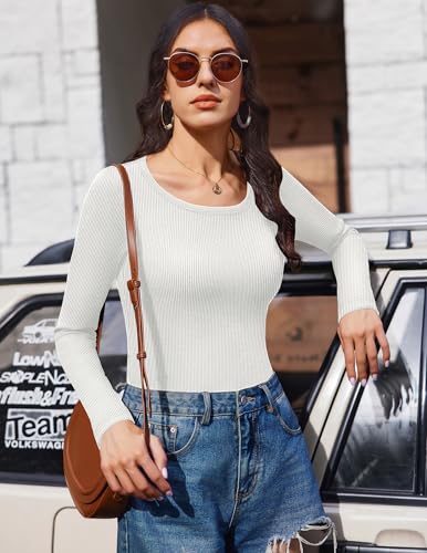 Ekouaer Long Sleeve Shirts for Women Ribbed Scoop Neck Tops 2025 Fall Basic Tees Fitted Thermal Undershirts Clothes XS-XXL