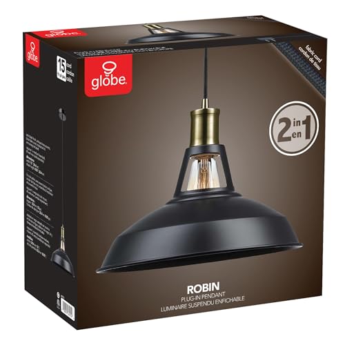 Globe Electric 65712 Robin 1-Light Plug-In Or Hardwire Pendant  Satin Black  Antique Brass Accents  15Ft Black Woven Fabric Cord  In-Line On/Off Rocker Switch