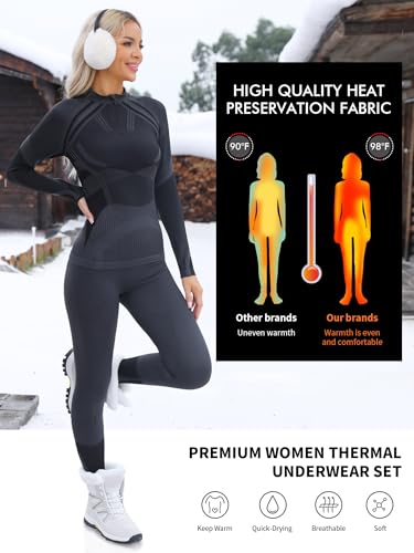 ATTRACO Womens Thermal Underwear Sets Half Zip Womens Long Johns Underwear Thermal Wear for Women Thermal Set Winter