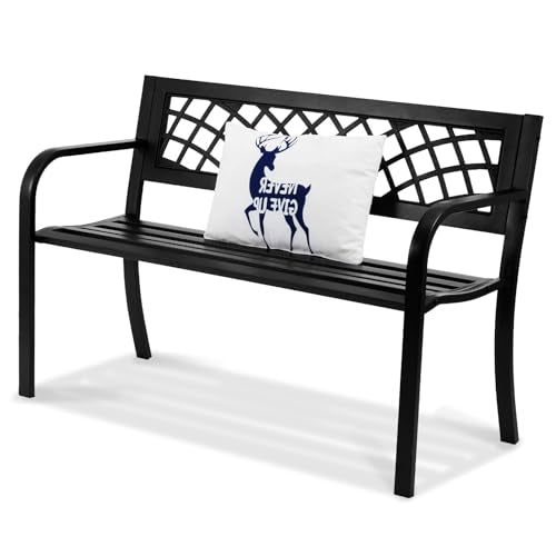 VEVOR Outdoor Bench, 46" Iron Steel Frame Garden Park Bench with Mesh Pattern and Plastic Backrest Armrests, Patio Bench f...